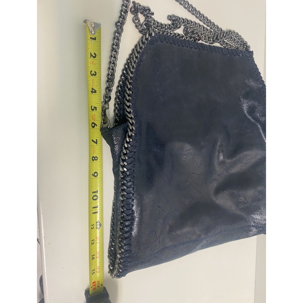 GENUINE LEATHER VERA PELLE HANDBAG, NAVY BLUE WITH METAL CHAIN HANDLES - Picture 2 of 16